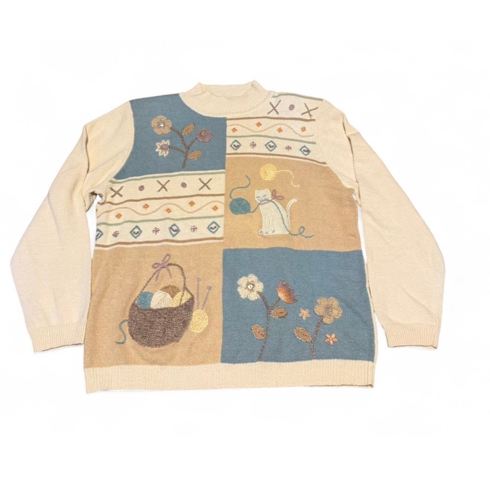 Vintage Alfred Dunner Women's L Cat Yarn Floral Patchwork Sweater 90s Cottagecor